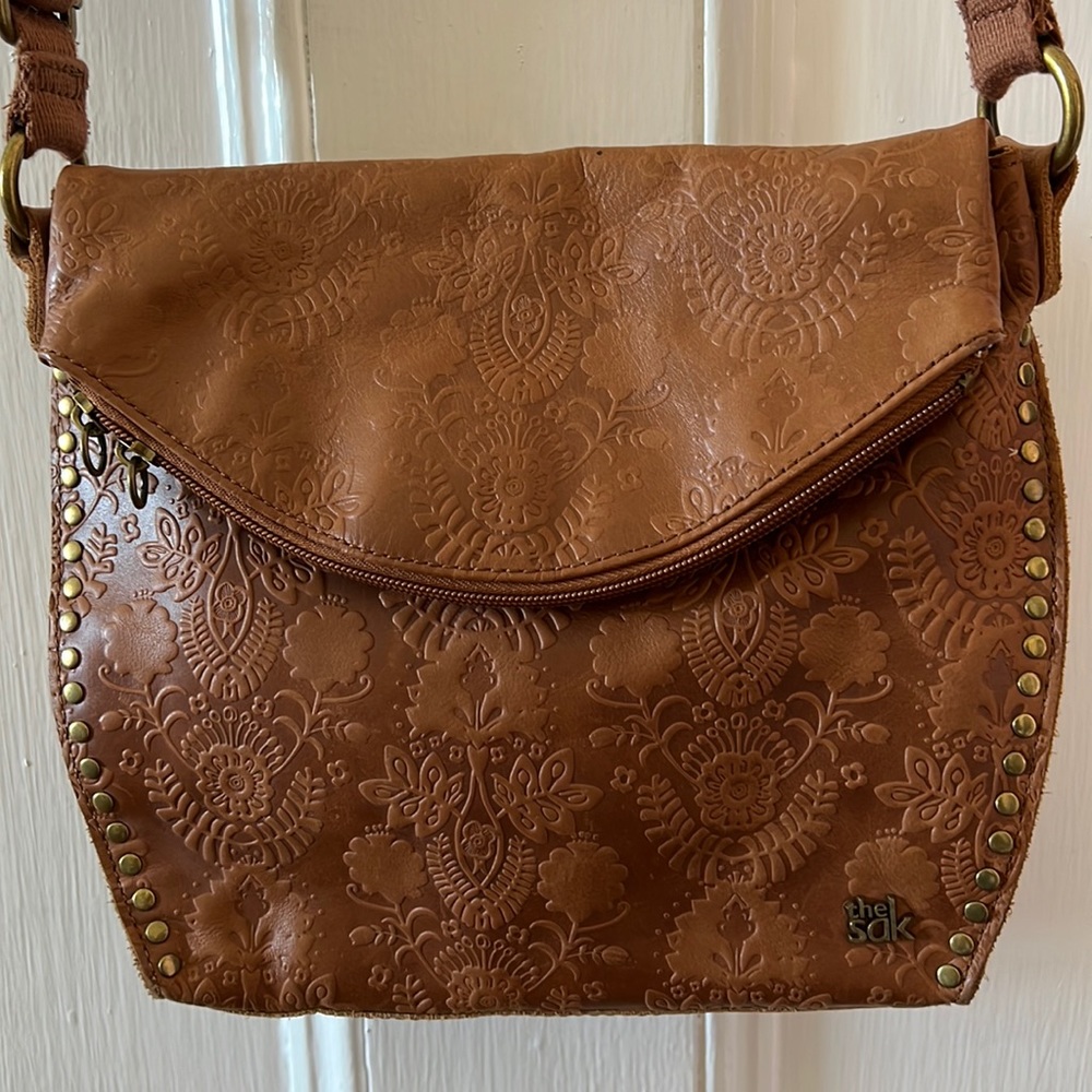 Brown Leather Crossbody (adjustable) with floral designs